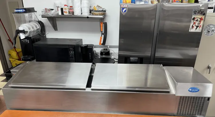 Used Randell Used Randell CR9074-290 Refrigerated Countertop Condiment Prep Table 74"W 120V Food Prep Tables Illinois US | Falcon Restaurant Supply #1376411
