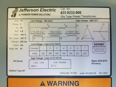 Factory New 75 KVA STEP UP Dry Type Transformer 240 Delta 480Y/277 3 Phase 10 Year Warranty 423-9233-000