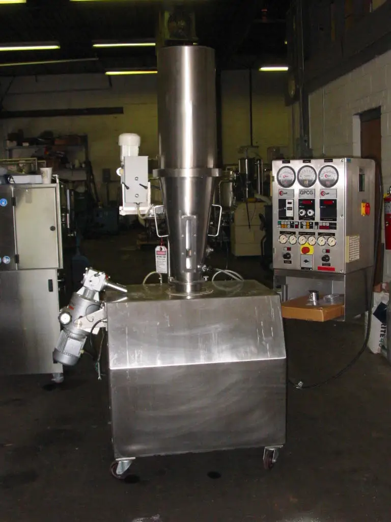 Used Glatt GPCG-1 Laboratory Fluid Bed Dryer, Sanitary Stainless Steel construction with internal  pharmaceutical grade finish, rated 5 Liter capacity, 2