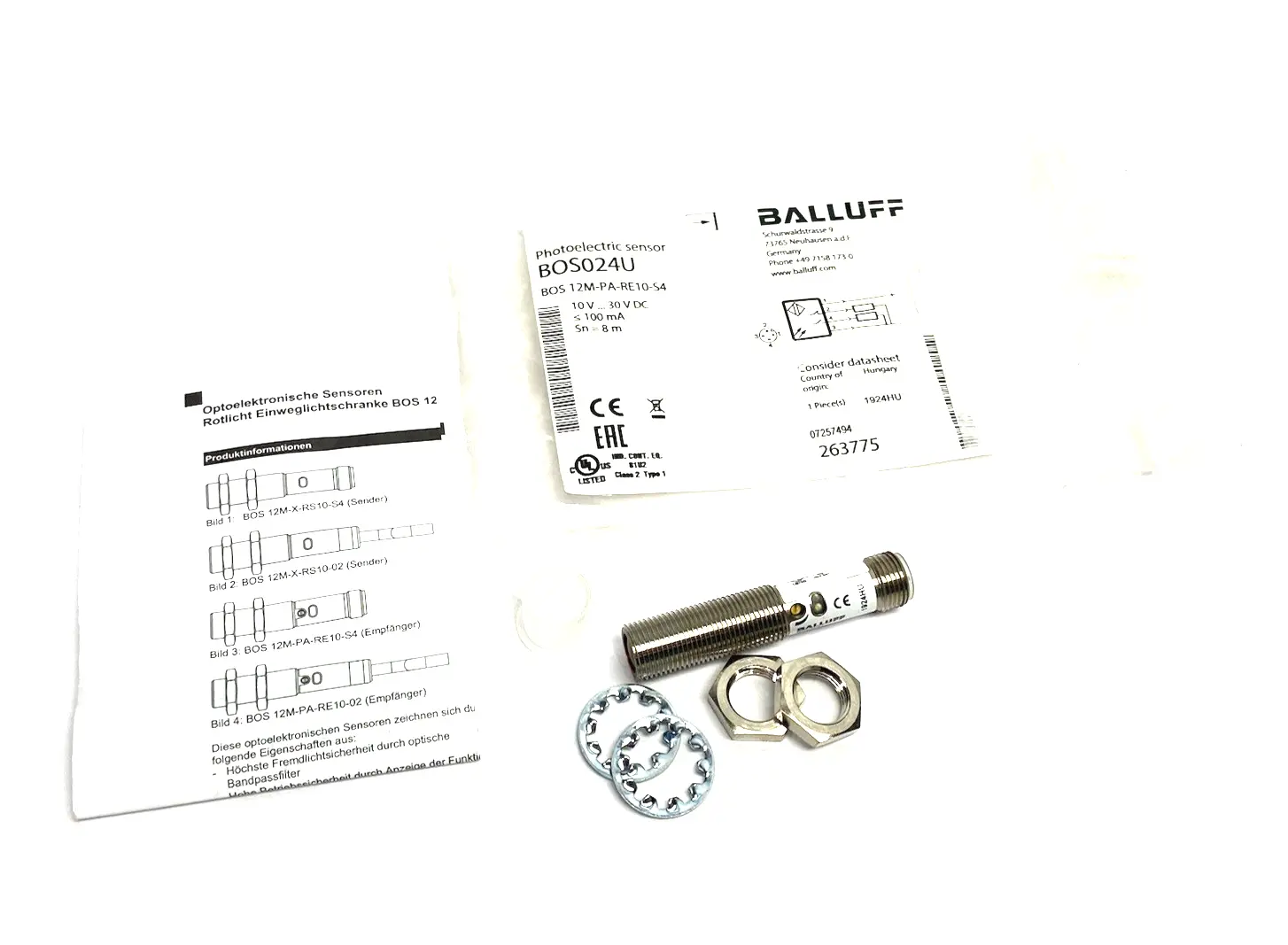 USED BALLUFF CYLINDRICAL THROUGH-BEAM PHOTOELECTRIC SENSOR BOS 12M-PA-RE10-S4