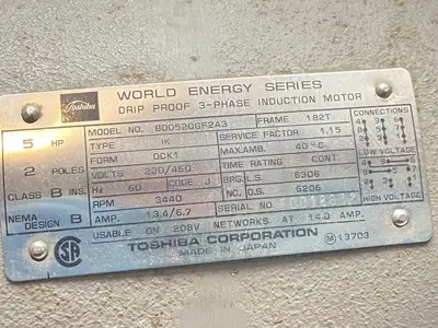 USED TOSHIBA INDUCTION MOTOR 3-PHASE 3440RPM 13.4/6.7A 230/480VAC