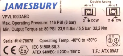 NEW JAMESBURY 7300313600XTZ2 PNEUMATIC BALL VALVE ACTUATOR 1" VPVL100DABD