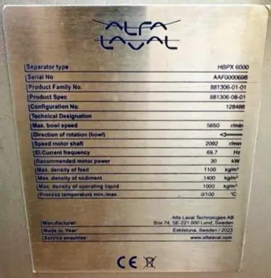 NEW: Alfa-Laval HBPX 6000 blood plasma separator, 316SS.