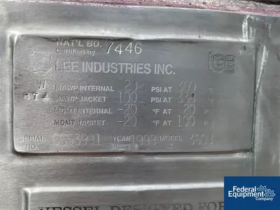 USED Lee Industries 360 Gal Lee Reactor, 304 S/S, 20/100#