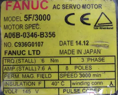 REFURBISHED FANUC A06B-0346-B356 SERVO MOTOR 5F/3000 A06B0346B356