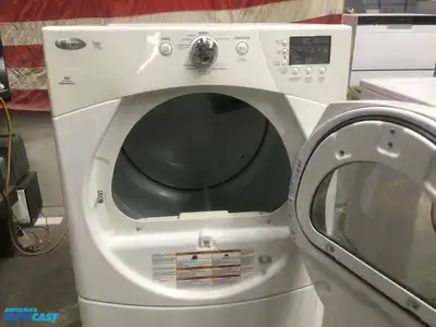 USED WHIRLPOOL DUET STEAM ELECTRIC DRYER ON STORAGE PEDESTAL HIGH EFFICIENCY ENERGY STAR
