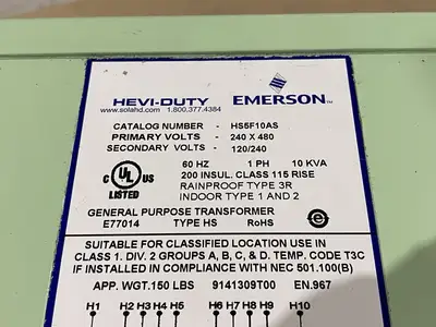 New | in-Stock EMERSON, SOLA HD ENCAPSULATED TRANSFORMER 10KVA 240X480-120/240 Transformers | Maverick Industrial Sales #1100627