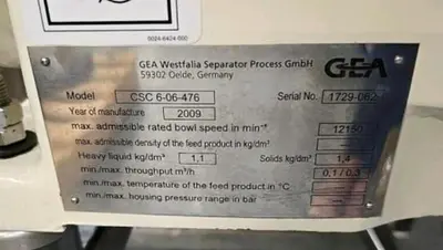 Westfalia CSC 6-06-476 hydro-hermetic clarifier skid, 316L SS.