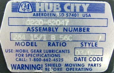 NEW HUB CITY 0220-62047 GEAR REDUCER 15:1 MDL 264 022062047
