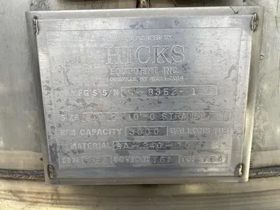 Tank, 3,000 Gallon, Stainless, 6'x16',  DT/CB, Hicks #S745054