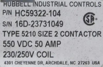 NEW HUBBELL HC91819202 MAGNET CONTROLLER SIZE 3 TYPE 4291 HC59322-104 HC59364802