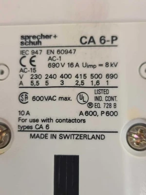 Sprecher + Schuh CA6 Contactor Breaker & Control Supply CA6-140-EL CA 6-P