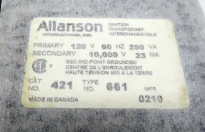 NEW ALLANSON 421-661 IGNITION TRANSFORMER 120V 60HZ 421661