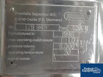 USED Westfalia Westfalia Disc Centrifuge, Model CSA 8-06-476