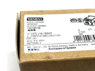 3RT2516-1BB40 | Siemens  Contactor AC-3, 9A, 4kW/400V, 4P, 24VDC - New