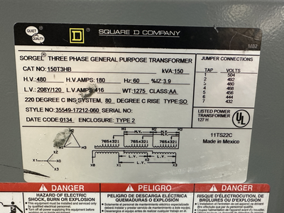 Square D 150 KVA 480v - 208Y/120v 3ph General Purpose Transformer