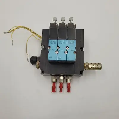 Used MAC MAC THREE ( 46A-L00-00-JAAP-4FH ) PNEUMATIC VALVES CONNECTED INTO A MANIFOLD WITH MUFFLER Pump & Valve Parts | ND Industrial Surplus #1221972