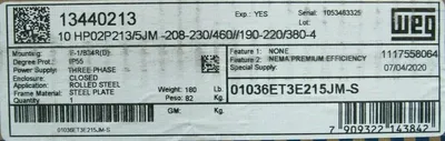 NEW WEG 01036ET3E215JM-S MOTOR 10HP 230/460V 3530RPM 1" DIA. 01036ET3E215JMS