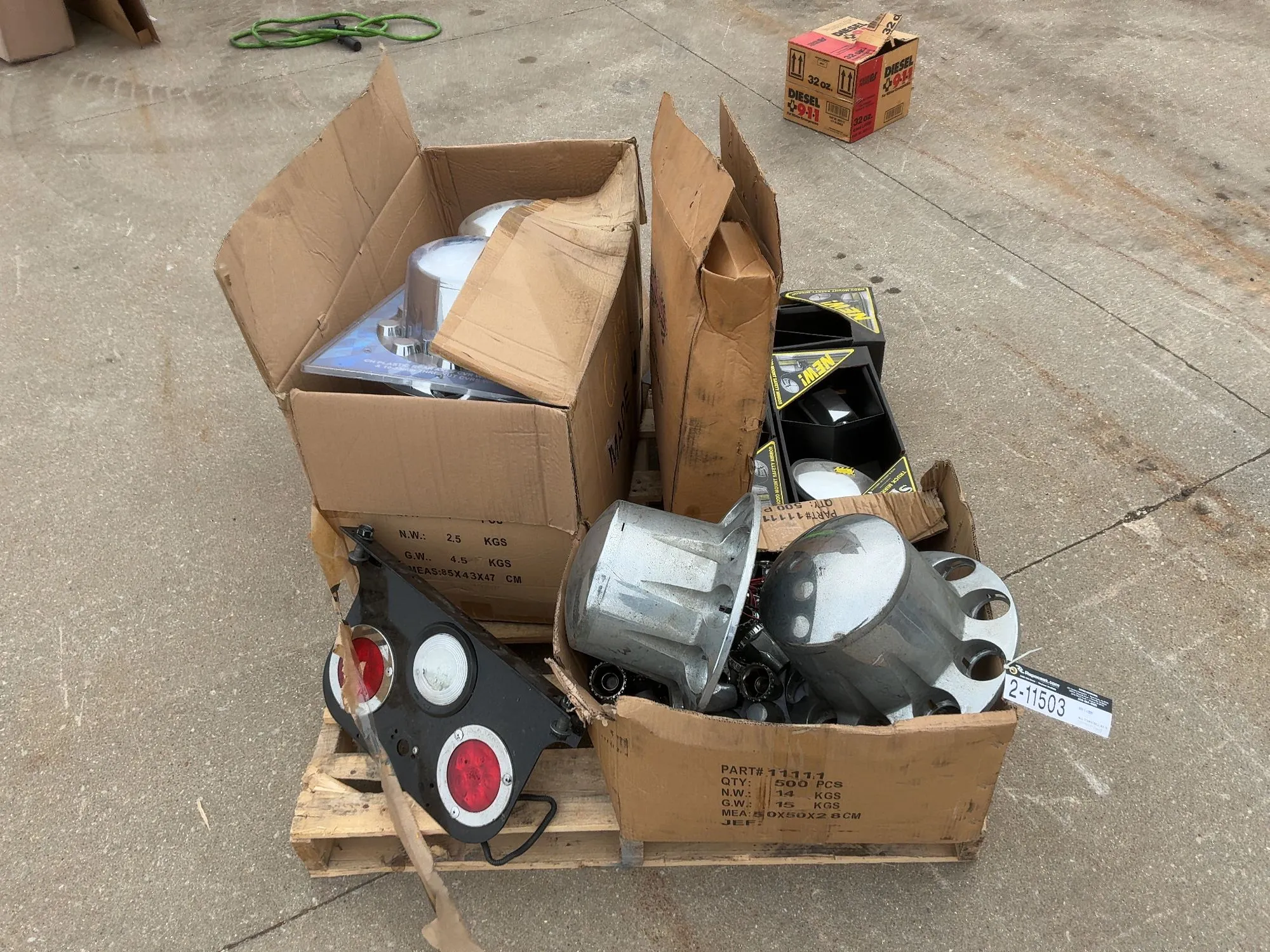 Skid of assorted truck parts included rear tail lights, (3) Sure Plus Hood Mounted Safety Mirrors, C...