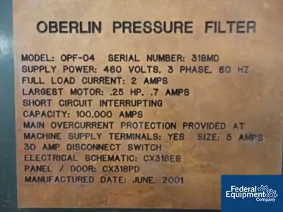 USED Oberlin 4 SQ FT OBERLIN PRESSURE FILTER, MODEL OPF 4