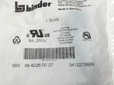 New | in-Stock BINDER Round Female Cable Connector 7-Pin 6+PE, 6.0-9.0mm Disconnects Michigan US | Maverick Industrial Sales #1390805