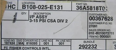 NEW FISHER 36A5818T012 I/P ASSEMBLY 3-15PSI CSA DIV 2