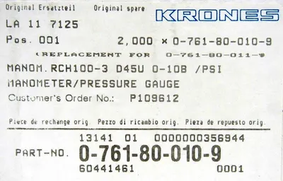 NEW KRONES 0-761-80-010-9 PRESSURE GAUGE 0761800109 EN-837-1 0-10 BAR