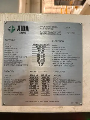 Used 2020 AIDA DSF-MF-6300-365-150 Straight Side Presses Michigan US | Midwest Press and Automation #1423862