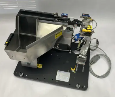 USED WEBER SCREWDRIVING GENTLE VIBRATORY STEP FEEDER SYSTEM, VERY LOW NOISE EMISSIONS