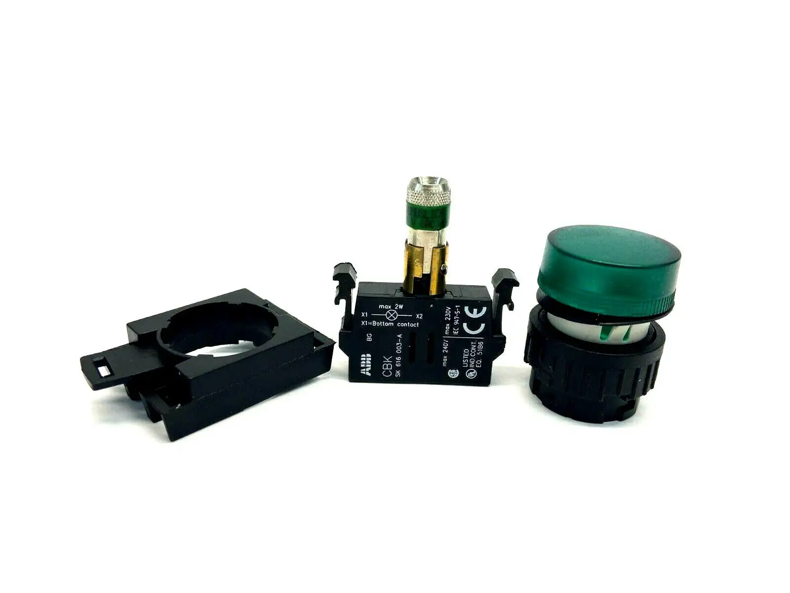 KL1-100G/ KCBH-001 | ABB KL1-100G Green Pilot Light Head w/ KCBH-001 Lamp Block and Holder - Used