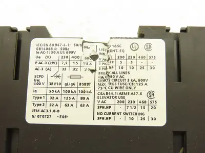 Siemens 3RT1034-1Q Contactor Motor Starter 50A 690VAC 24VDC Coil