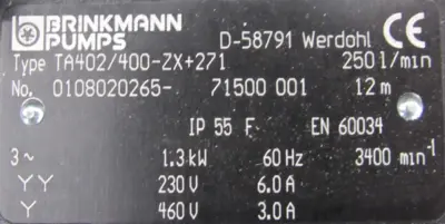 NEW BRINKMANN TA402/400-ZX+271 COOLANT PUMP 230/460V TA402400ZX271