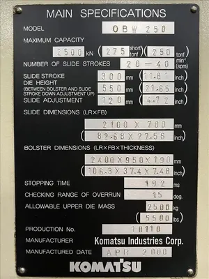 2000 KOMATSU #OBW-250-2 OBI / Gap Frame Press | Universal Press & Machinery (UPM) (10)
