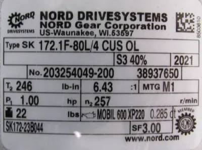 NEW NORD SK172.1F-80L/4 CUS 0L GEAR REDUCER 6.43:1 230/460V 1HP SK80L/4 CUS 0L