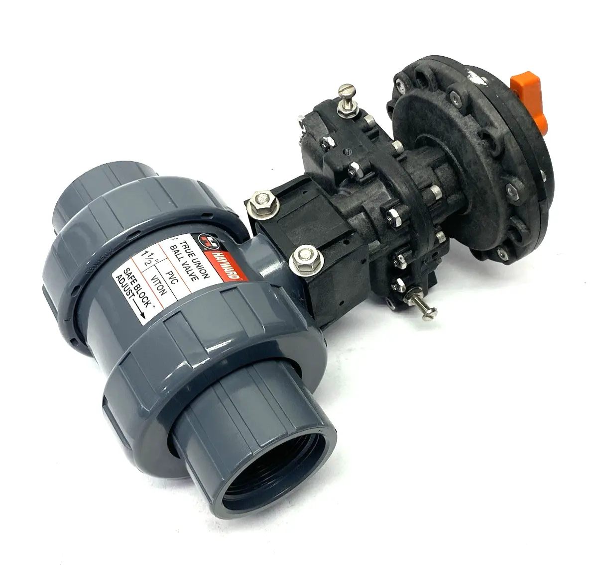 USED HAYWARD 1-1/2" TRUE UNION BALL VALVE PVC, VITON W/ SR3 SPRING RETURN ACTU