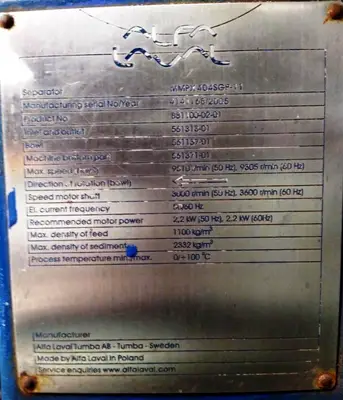 (2) Alfa-Laval MMPX 404 SGP-11 oil purifiers, 316SS.
