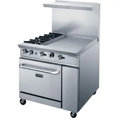 New | in-Stock Dukers New Dukers DCR36-2B24GM 36" Gas Range with Two (2) Open Burners & 24" Flat Top Griddle Commercial Ranges Illinois US | Falcon Restaurant Supply #1376281