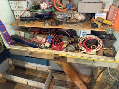(1) control cabinet filled with assorted electrical items, includes screws, wire, terminals, hose cl...