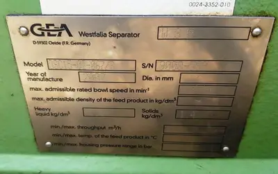Westfalia OSC 15-02-067/7 lube oil purifier, SS.