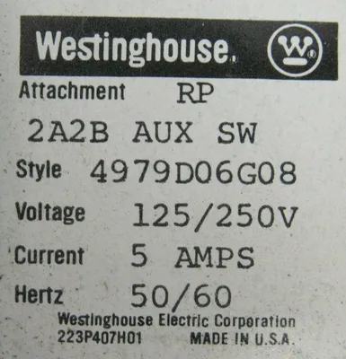 NEW WESTINGHOUSE HFB3100 CIRCUIT BREAKER 4979D06G08 125/250V 2A2B AUX SW