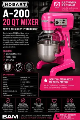 HOBART A 200 20 QT Mixer Includes Guard, Bowl & Pattle Hook & Whip 115VHOBART A 200 20 QT Mixer Includes Guard, Bowl & Pattle Hook & Whip 115V