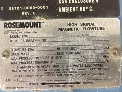 ROSEMOUNT HIGH SIGNAL MAGNETIC FLOWTUBE MODEL 8703  TSA040C1L1, SIZE 4"