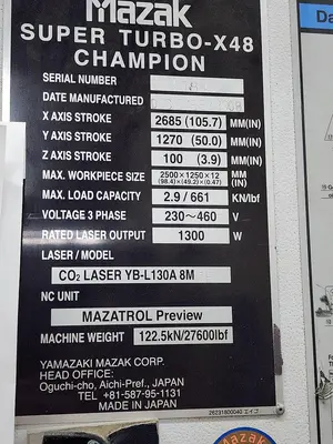 Used 2008 MAZAK SUPER TURBO X48 CHAMPION Laser Cutters California US | Source Machinery Sales #1543138