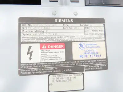 Siemens S3E30JX400ABS Load Center Panel Board 400A 480Y/277V 3Ph 4W 400A Breaker