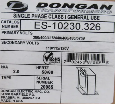 NEW DONGAN ES-10230.326 TRANSFORMER 2 KVA ES10230326