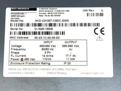 Used Kollmorgen Power Supply Unit 3-Phase 480VAC 50/60Hz 11kW Servo Drives Michigan US | Maverick Industrial Sales #1390759