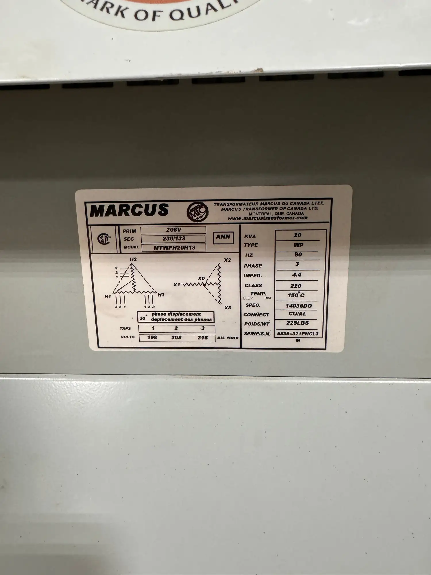 20 KVA 208V to 230/133V Isolation Transformer