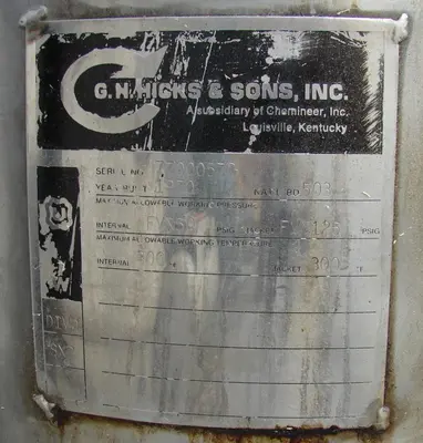 SPC4796  Reactor 50 gallon HC Hicks & Sons chemical reactor, 50 psi internal, 125 psi jacket, 3/4 hp agitator