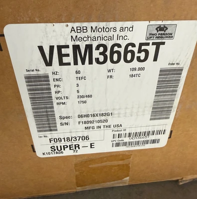 new surplus 5 hp Baldor Electric Motor, 1750 RPM, Frame 184TC
