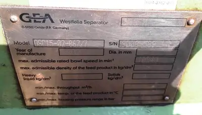 Westfalia OSC 15-02-067/7 lube oil purifier, SS.
